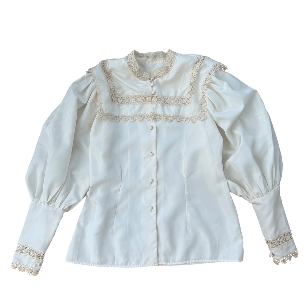 Vintage Satin Lace Blouse Victorian Romantic Puff Sleeve Prairie Top Ivory L